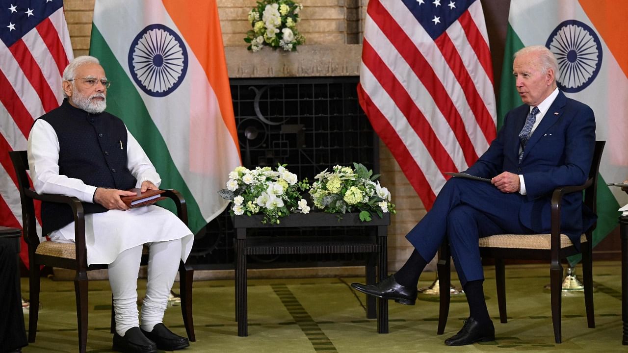 Prime Minister Narendra Modi in a bilateral meeting with US President Joe Biden, in Tokyo. Credit: AFP Photo