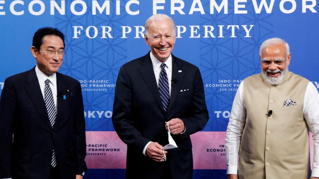 U.S. President Joe Biden, India's Prime Minister Narendra Modi and Japan's Prime Minister Fumio Kishida attend the Indo-Pacific Economic Framework for Prosperity (IPEF) launch event at Izumi Garden Gallery in Tokyo, Japan, May 23, 2022. Credit: Reuters Photo