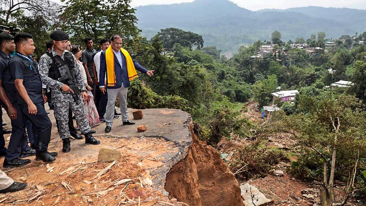 Assam Chief Minister Himanta Biswa Sarma visits the area affected by landslides triggered by incessant rains, at Haflong in Dima Hasao district. Credit: PTI Photo