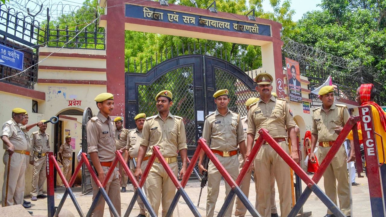 Police personnel stand guard on the day of the hearing of the Gyanvapi Masjid-Shringar Gauri Temple case. Credit: PTI Photo