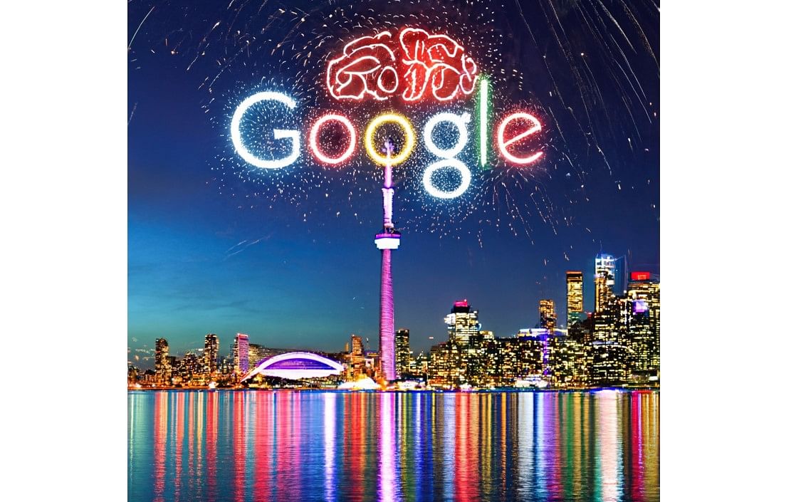 Google's Imagen created this photo by reading this text-- 'The Toronto skyline with Google brain logo written in fireworks'. Credit: Google