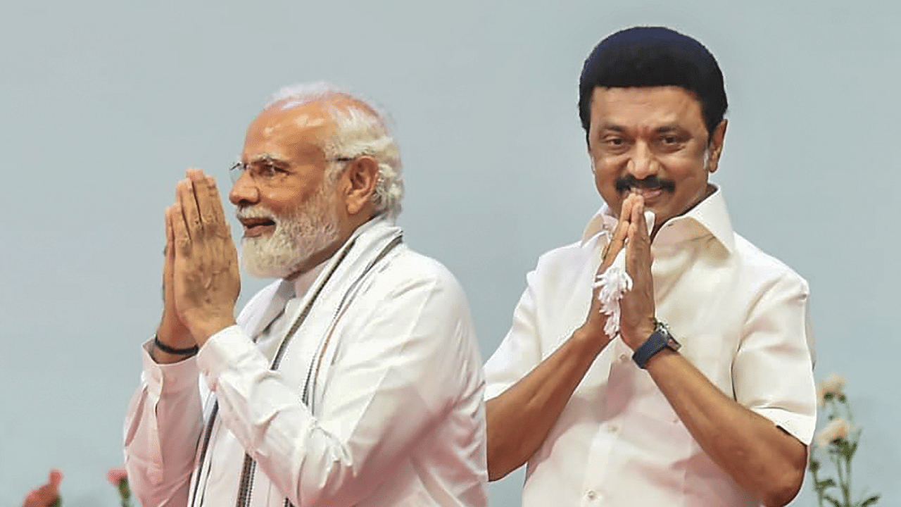 PM Modi with MK Stalin in Chennai. Credit: PTI Photo