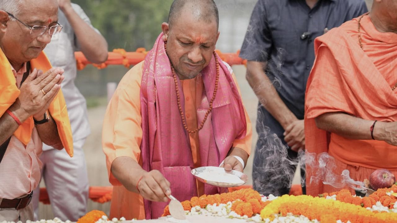 Uttar Pradesh Chief Minister Yogi Adityanath during the foundation stone laying ceremony of the sanctum sanctorum of the Ram temple, in Ayodhya, Wednesday, June 1, 2022. Credit: PTI Photo