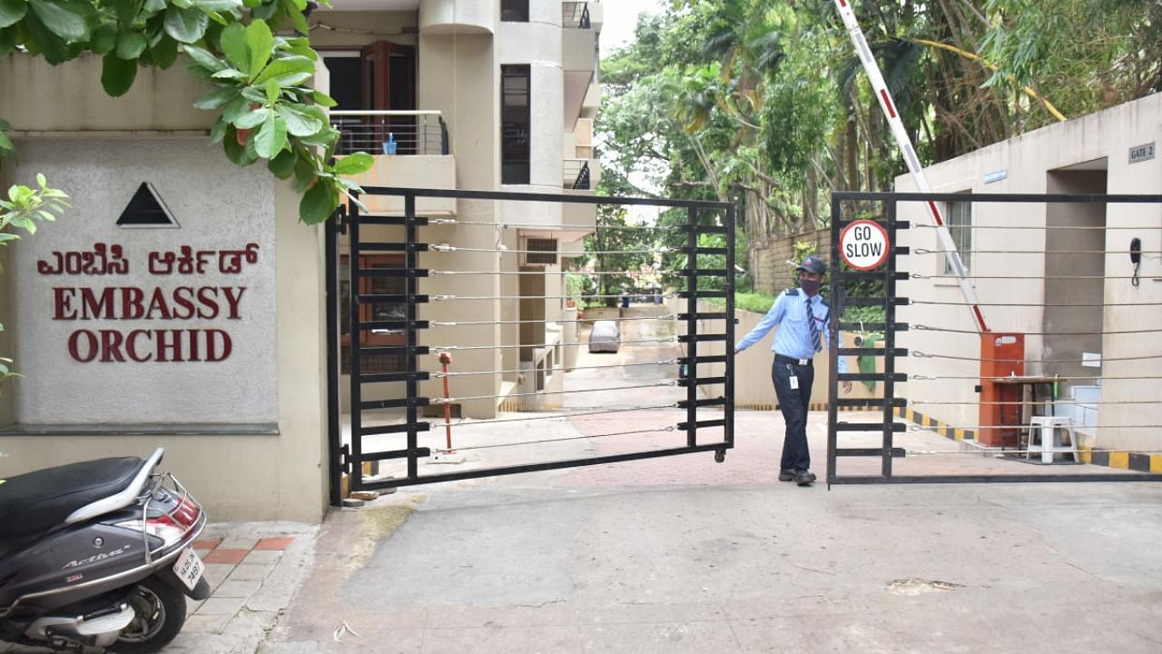 Searches were conducted at Embassy Orchid apartment in Sadashivanagar on Wednesday. Credit: DH Photo/B K Janardhan