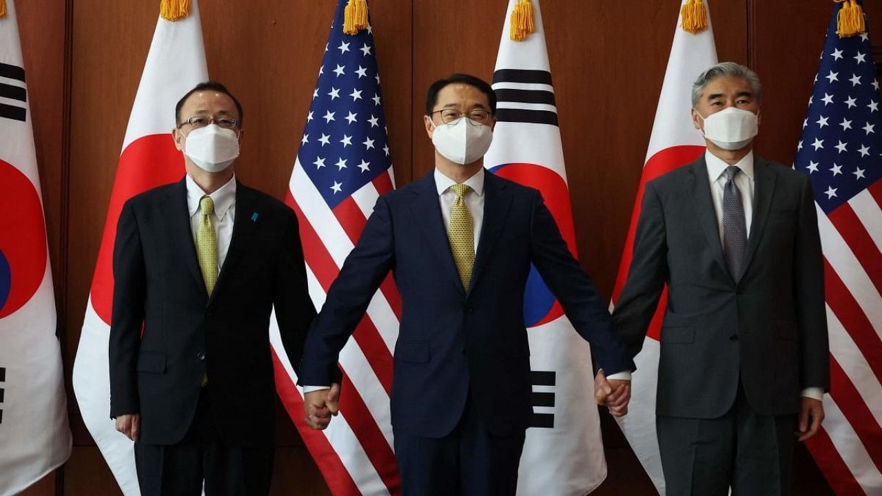 Kim Gunn, South Korea's new special representative for Korean Peninsula peace and security affairs, his US counterpart Sung Kim and Japanese counterpart Takehiro Funakoshi. Credit: AFP Photo