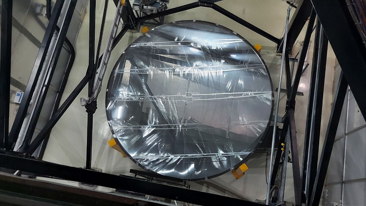 Top view of the ILMT located at the Devasthal Observatory of ARIES showing the liquid mercury mirror covered by a thin mylar film. Credit: Special arrangement