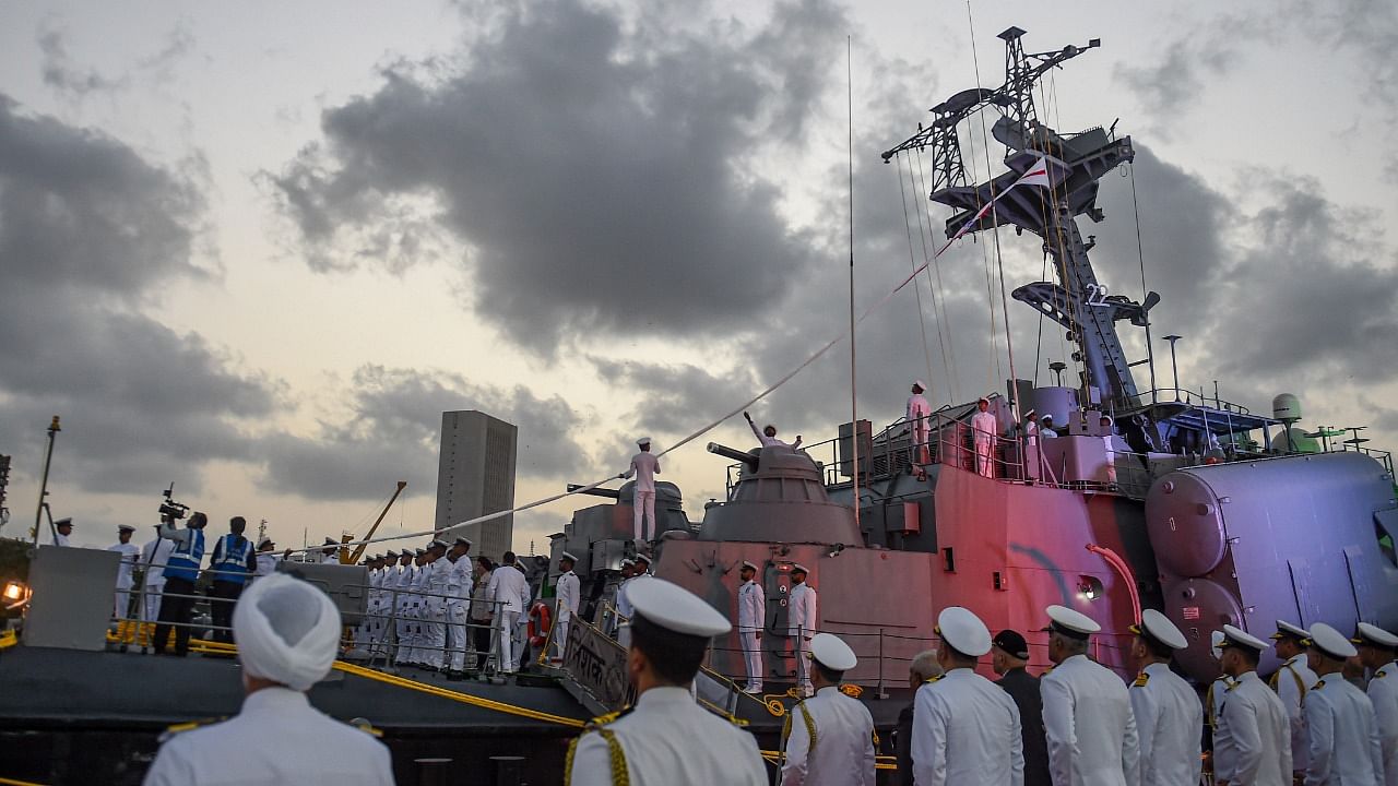 Navy sailors participate in the decommissioning ceremony of INS Nishank & INS Akshay in Mumbai. Credit: PTI Photo