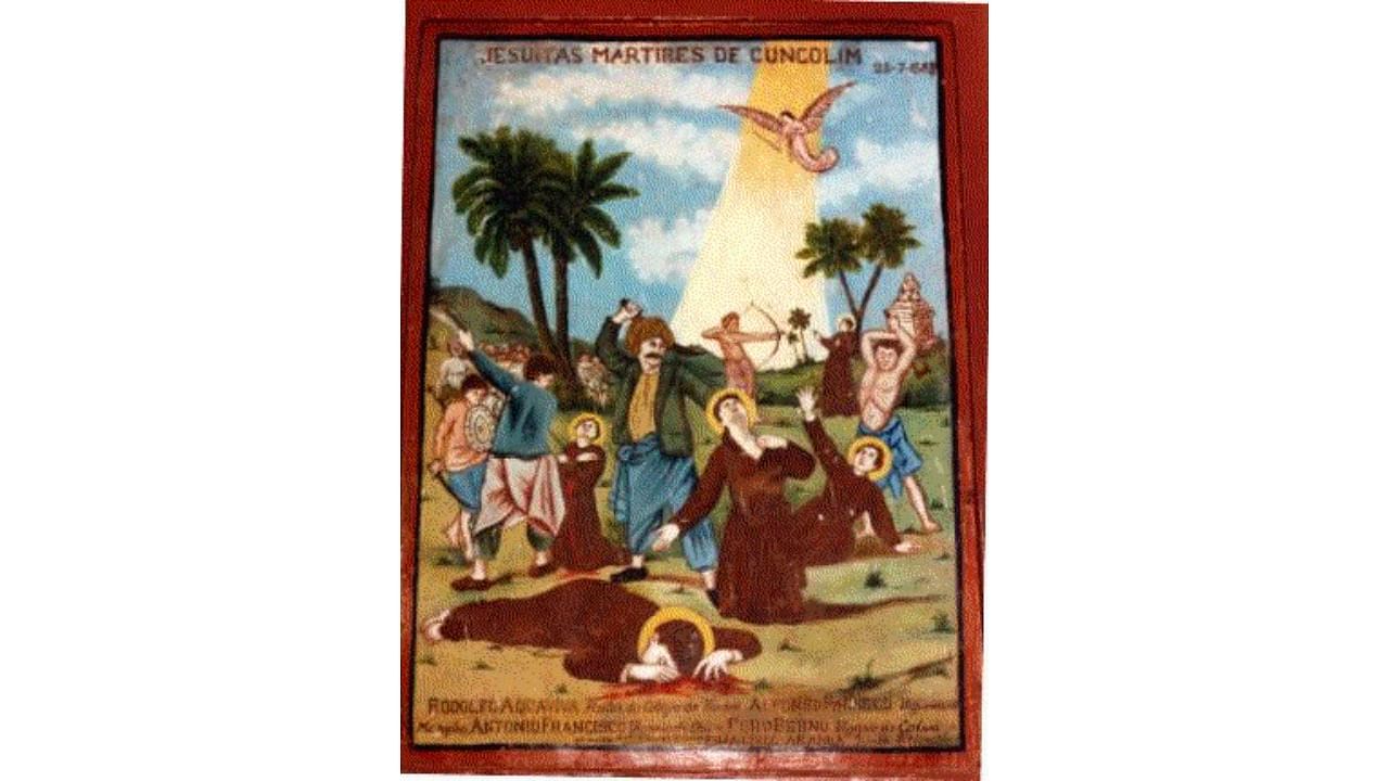This image is of a 17th century painting in a church in Colva depicting the martyrdom of the five Jesuits in Cuncolim, Goa on July, 15, 1583. Credit: Wikimedia Commons
