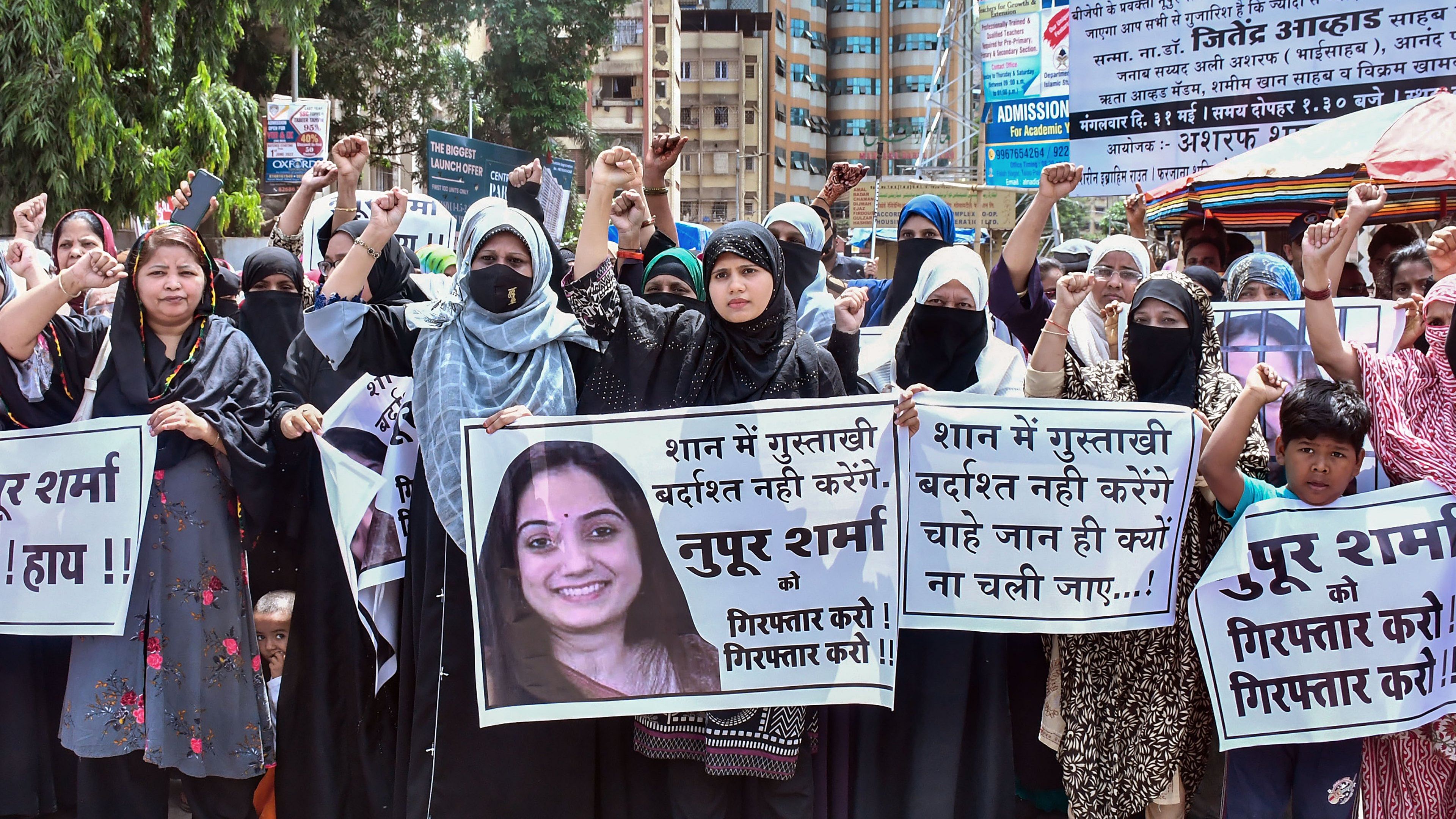 Women from the Muslim community shout slogans during their protest against BJP spokesperson Nupur Sharma over her alleged remarks on Prophet Mohammed. Credit: PTI Photo