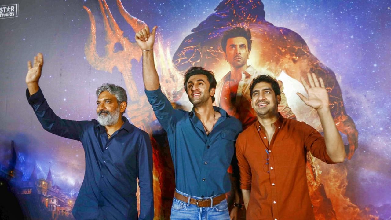 Filmmaker SS Rajamouli, Bollywood actor Ranbir Kapoor and director Ayan Mukerji during a promotional event for the upcoming film 'Brahmastra Part One: Shiva', in Visakhapatnam, Tuesday, May 31, 2022. Credit: PTI Photo