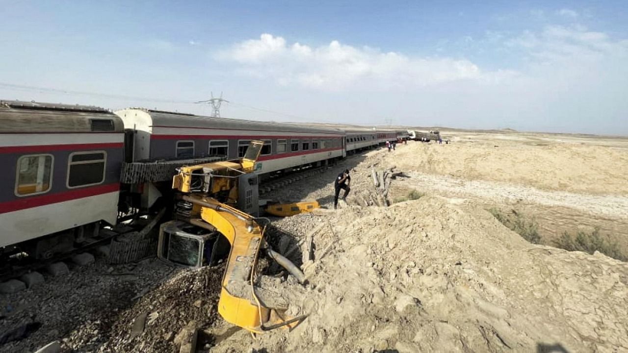 A train after derailment is seen near Tabas, Yazd province, Iran June 8, 2022. Credit: Iranian Red Crescent/WANA handout via Reuters