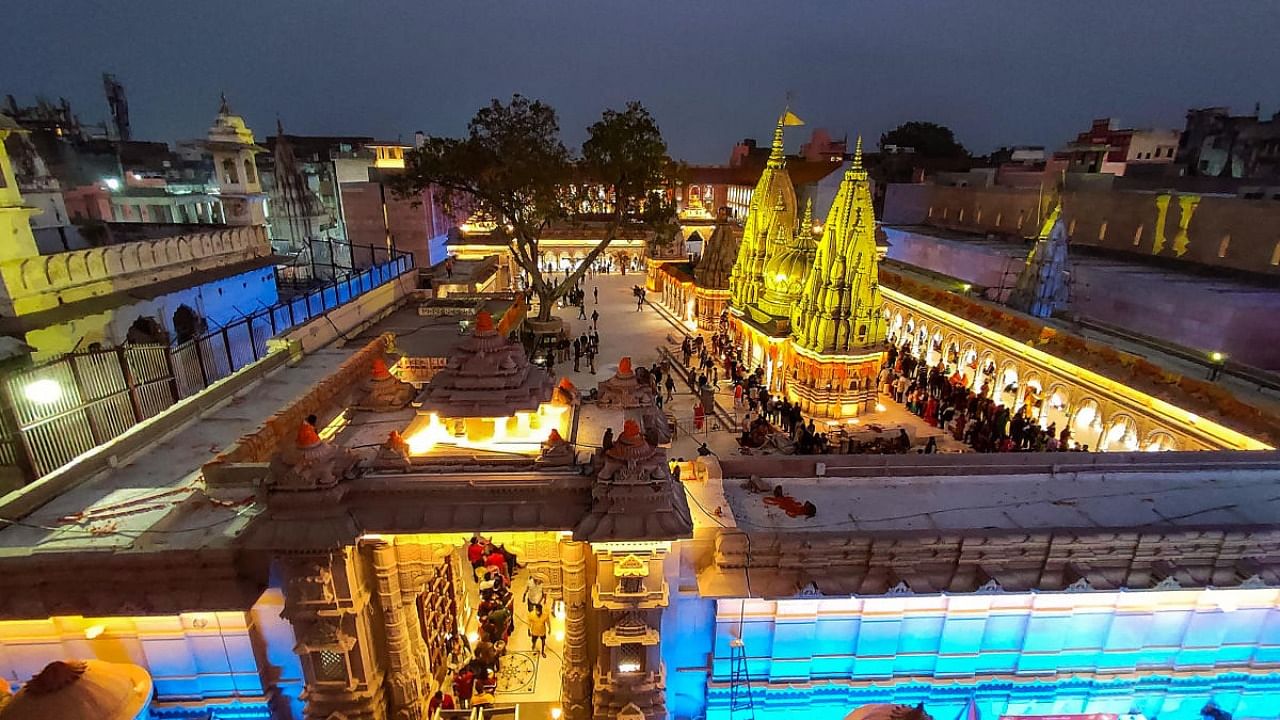 Kashi Vishwanath Dham illuminated with lights ahead of its inauguration by Prime Minister Narendra Modi, in Varanasi. Credit: PTI file photo