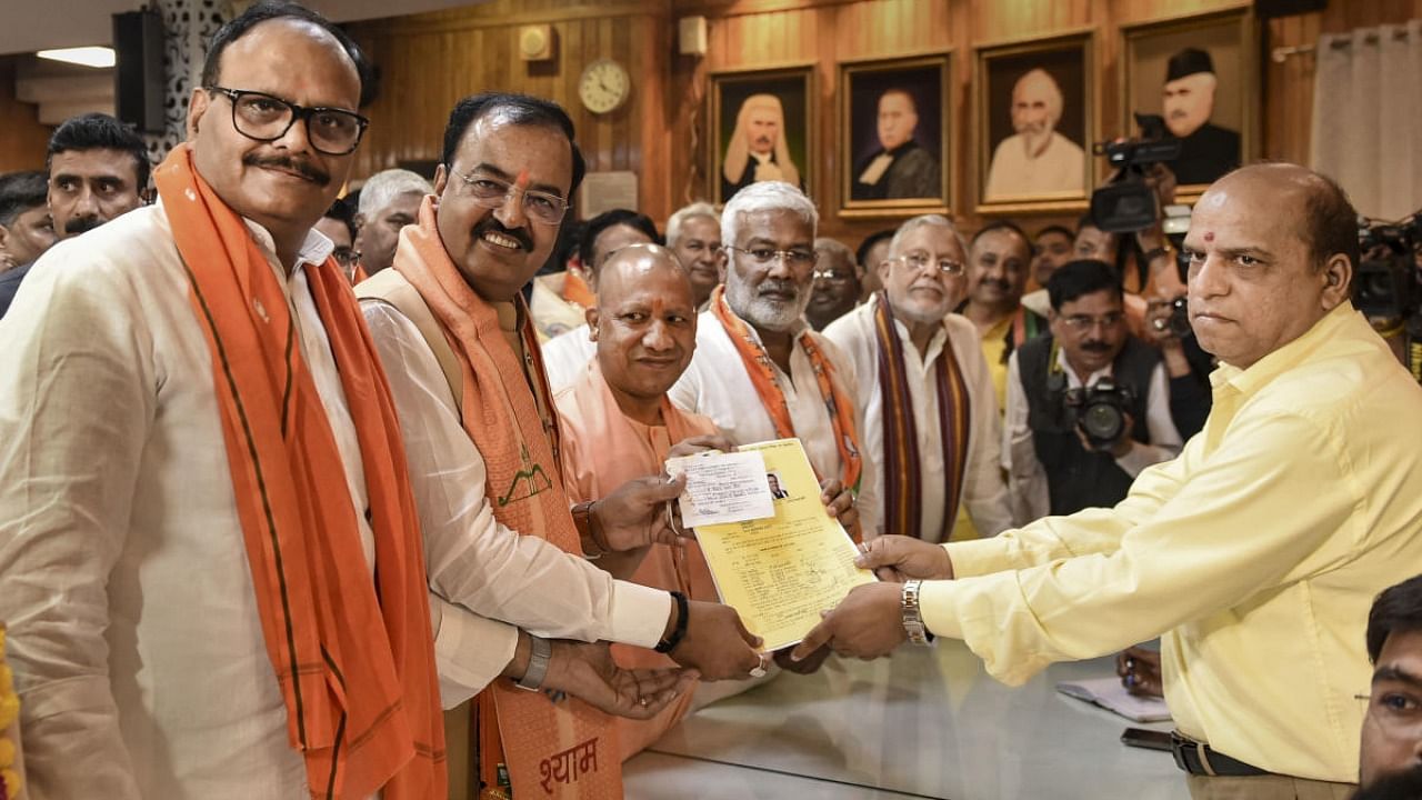 BJP candidate & UP Deputy Chief Minister Keshav Prasad Maurya files his nomination papers for UP Legislative Council polls, at UP Vidhan Bhavan, in Lucknow. Credit: PTI photo