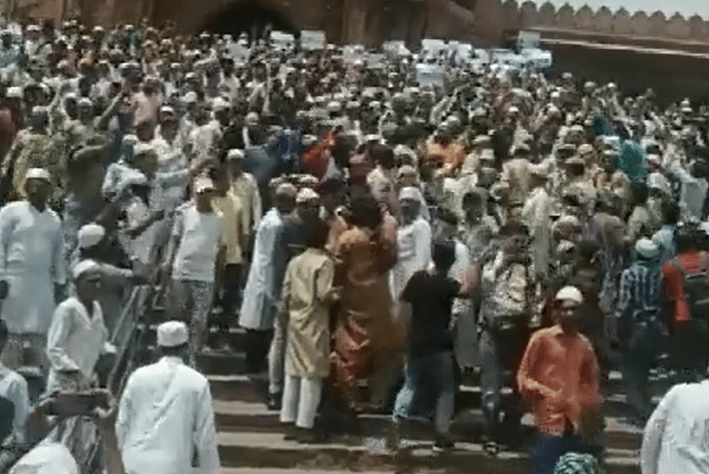 Protests outside Jama Masjid after Friday prayers. Credit: PTI Photo