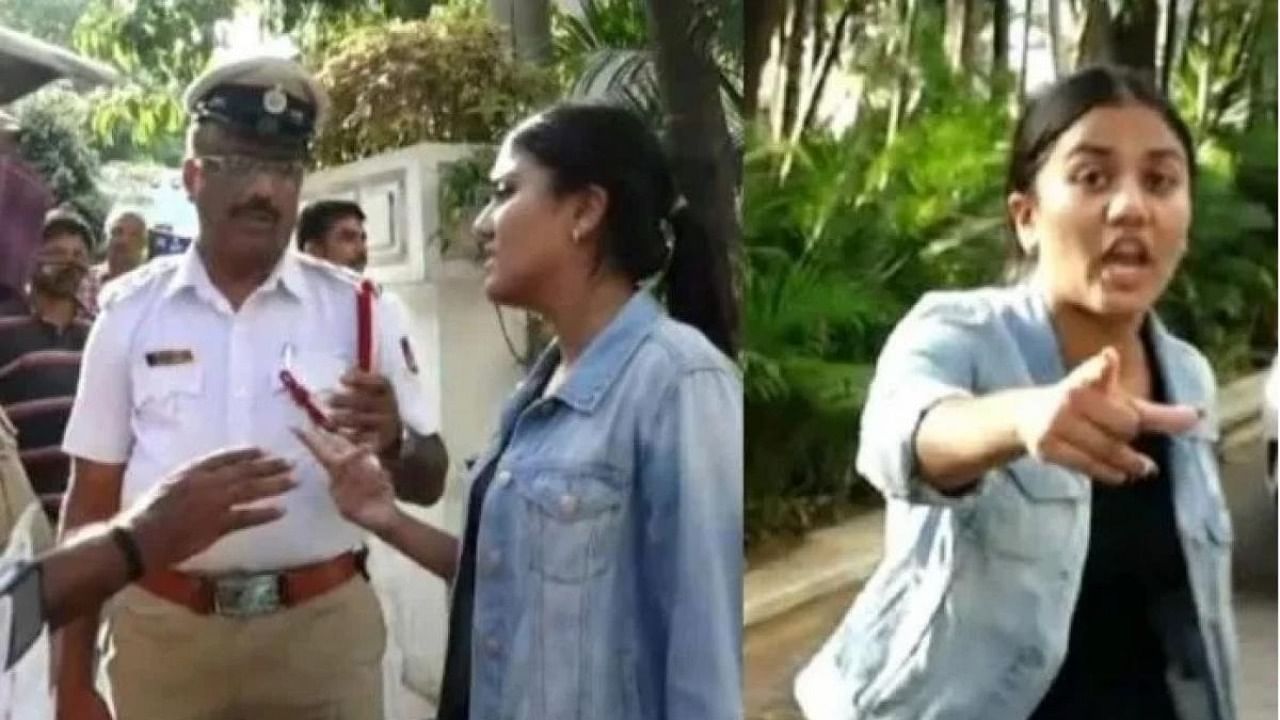 A video grab of Renuka Limbavali arguing with a policeman. Credit: Special Arrangement