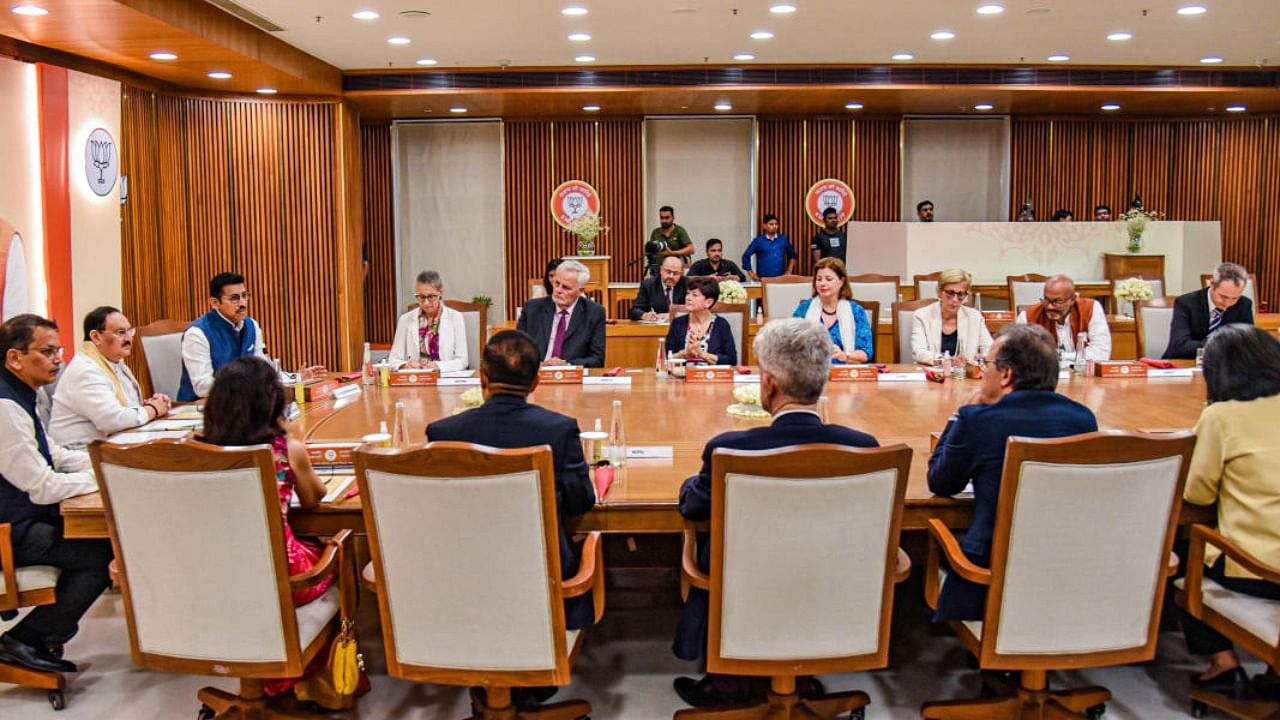 BJP National President J P Nadda during a meeting with a group of Head of Missions (Ambassadors and High Commissioners) to India, at BJP headquarters in New Delhi. Credit: PTI Photo