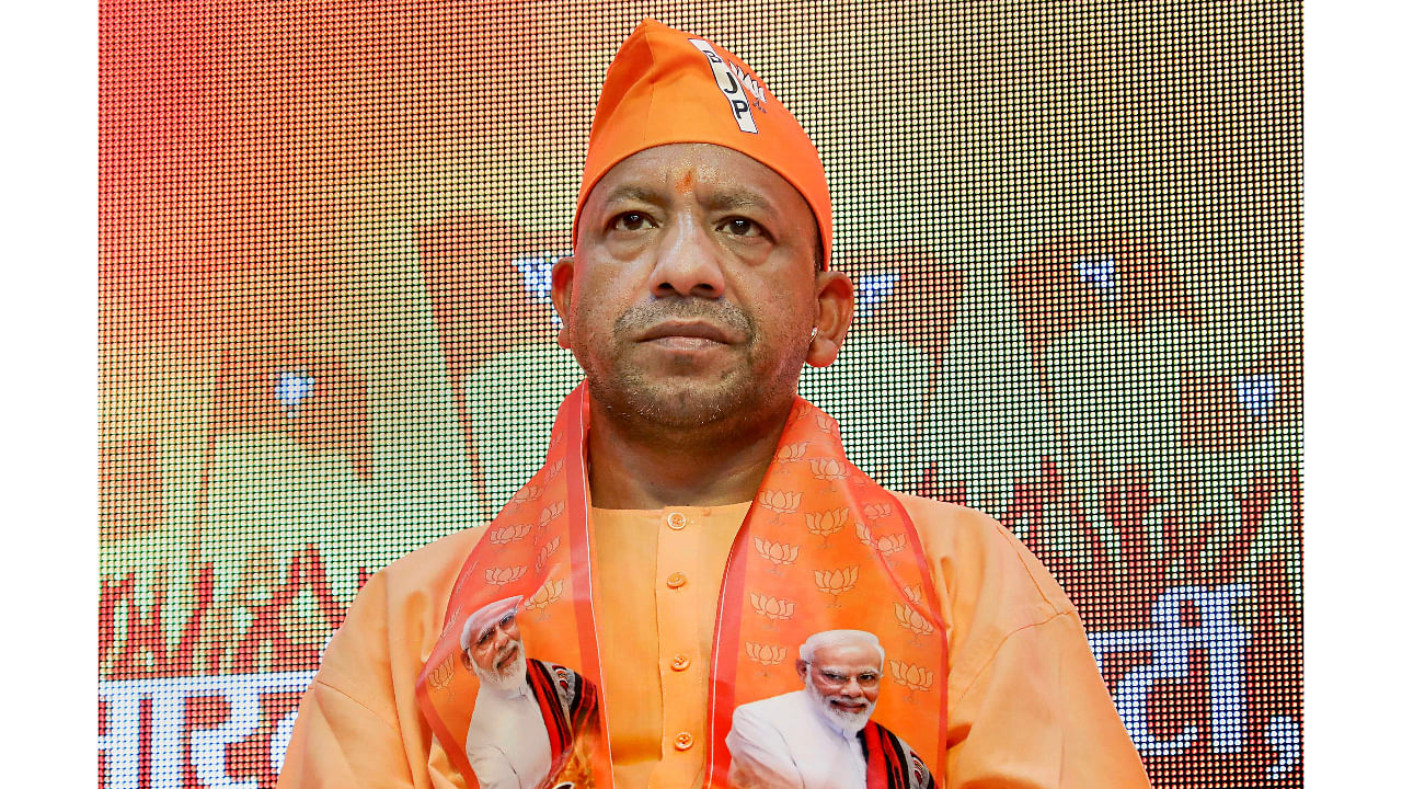Chief Minister and BJP leader Yogi Adityanath during an event to celebrate the party's Foundation Day, at the party office in Lucknow. Credit: PTI Photo