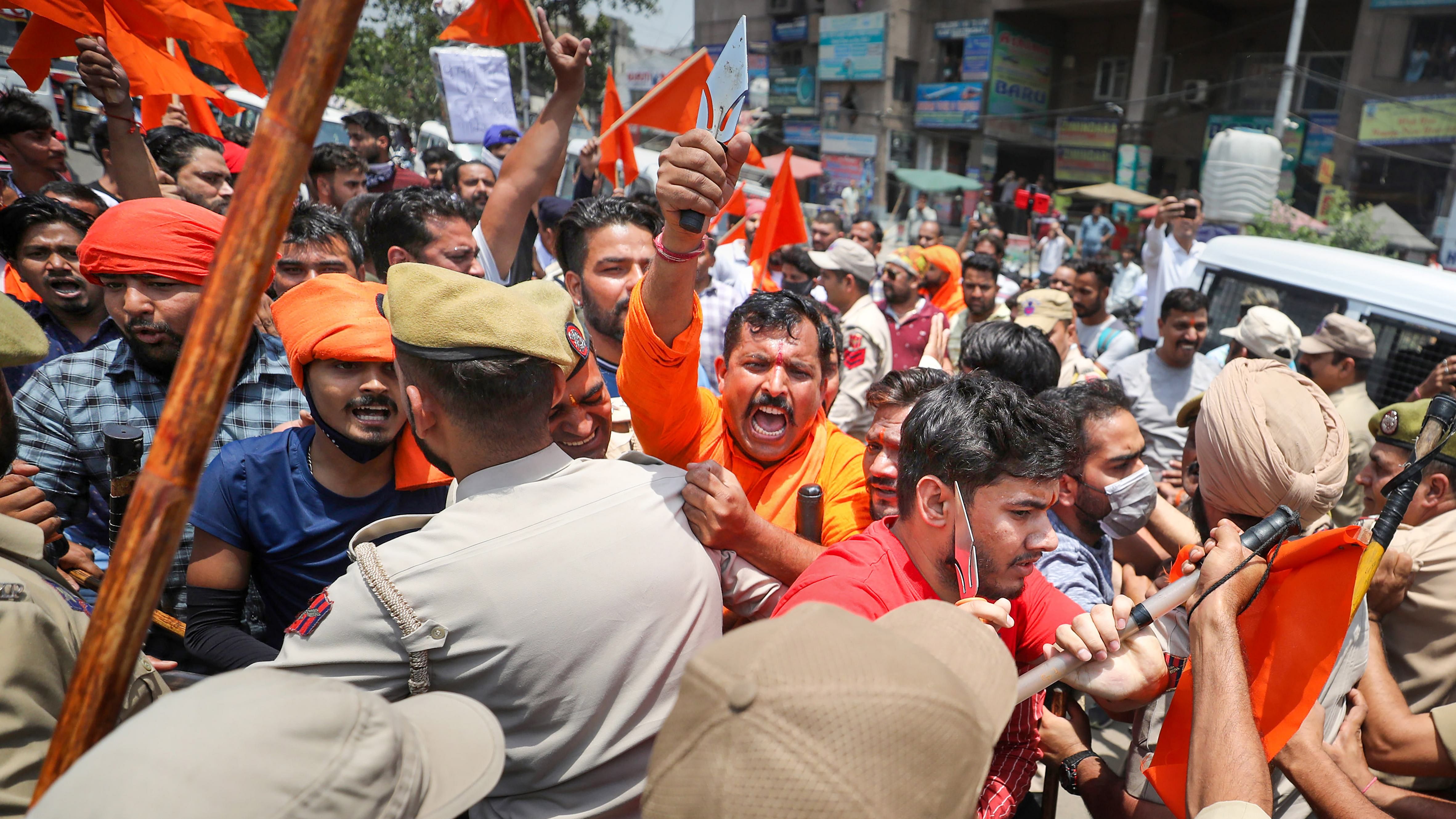 ah against recent remarks on Prophet Mohammad by two now-suspended BJP leaders, in Jammu. Credit: PTI Photo