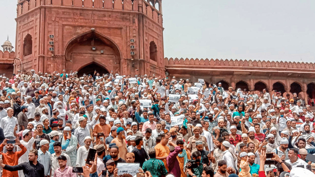 Protests broke out in front of Delhi's Jama Masjid on Friday for the arrest of now-suspended BJP spokesperson Nupur Sharma. Credit: PTI Photo