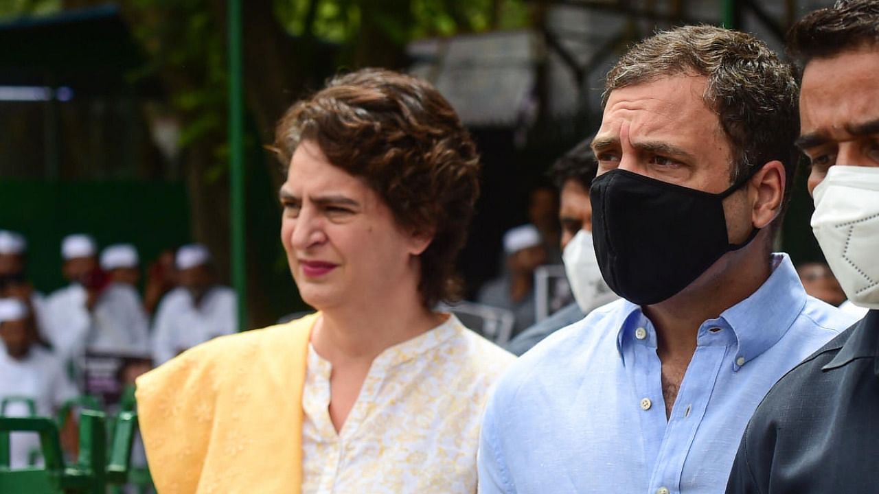 Congress leaders Rahul Gandhi and Priyanka Gandhi outside AICC office, after the former was summoned for questioning in the National Herald case, in New Delhi, Monday, June 13, 2022. Credit: PTI Photo