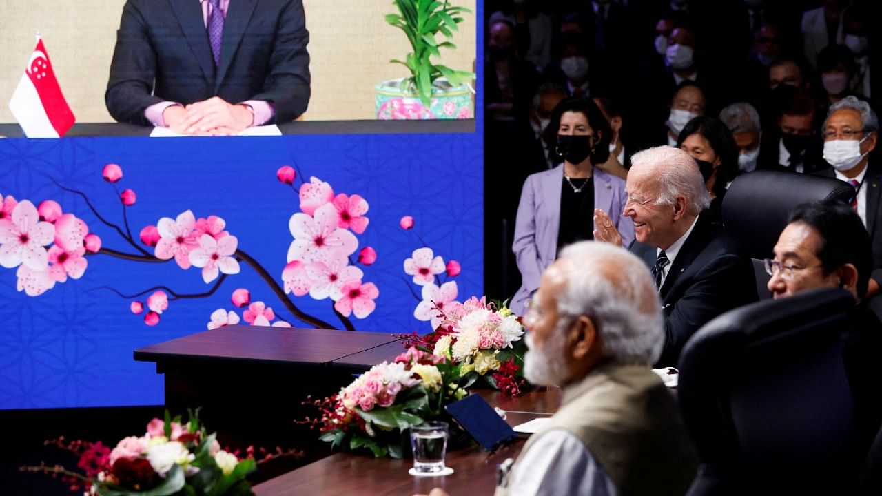 US President Joe Biden, India's Prime Minister Narendra Modi and Japan's Prime Minister Fumio Kishida listen to other leaders joining the Indo-Pacific Economic Framework for Prosperity (IPEF) launch event virtually. Credit: Reuters Photo