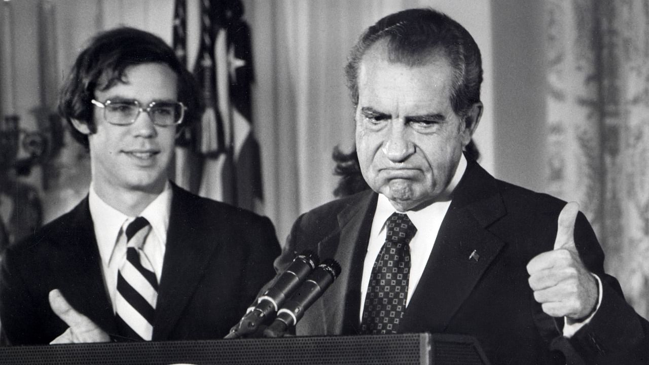 The 37th President of the United States, Richard Nixon bids farewell to the White House staff. Credit: AFP Photo