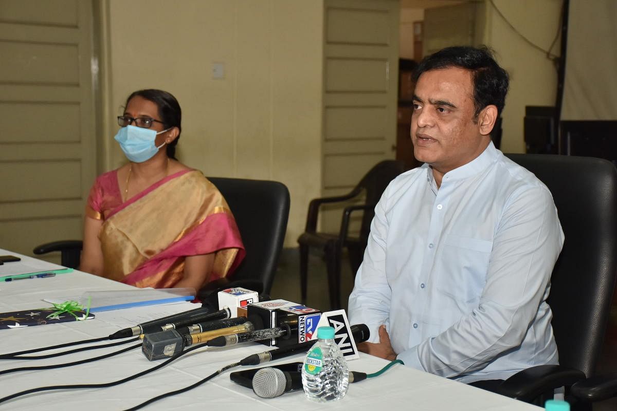 Higher Education Minister Dr C N Ashwath Narayan addresses a press meet on the Karnataka Common Entrance Test, in Bengaluru on Wednesday. Karnataka Examinations Authority Executive Director Ramya S is also seen. Credit: DH Photo