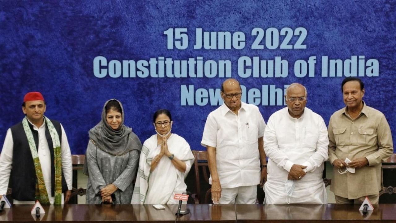 TMC leader and West Bengal Chief Minister Mamata Banerjee, SP chief Akhilesh Yadav, PDP leader Mehbooba Mufti during the Opposition leaders meeting for the upcoming Presidential Poll, at Constitution Club of India. Credit: IANS photo