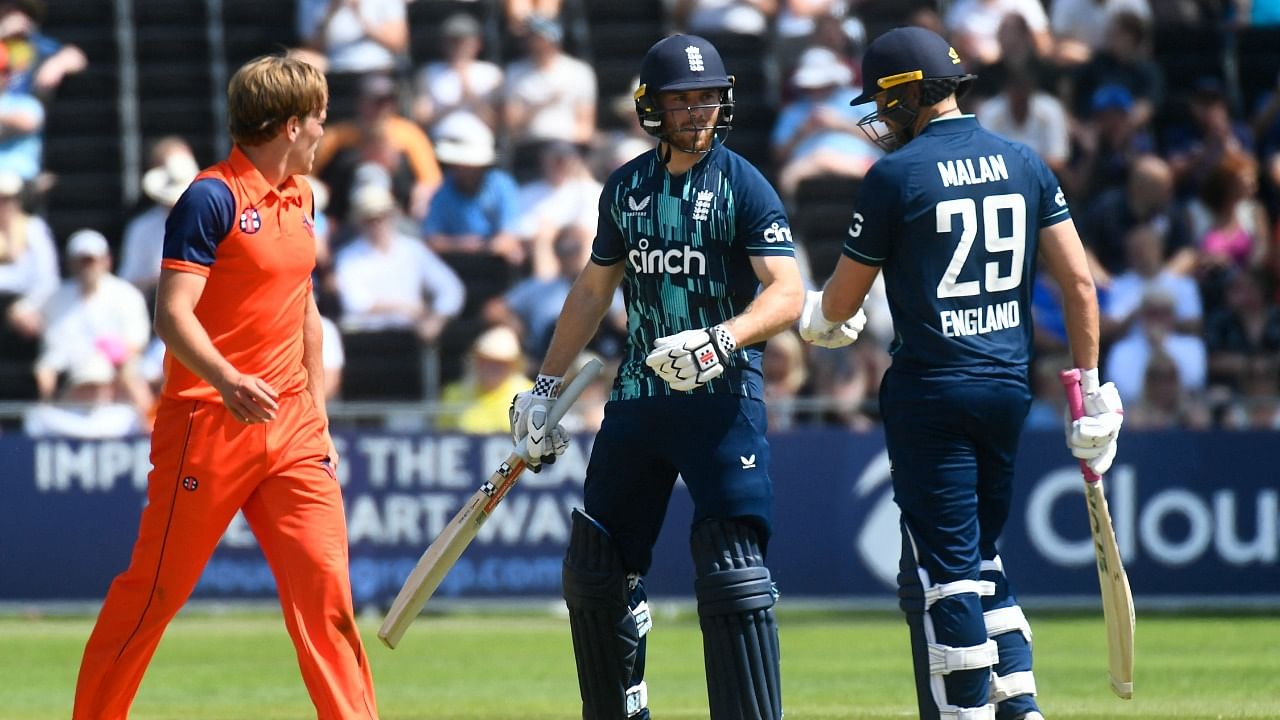 England's Dawid Malan and Phil Salt in action against Netherlands. Credit: Reuters Photo