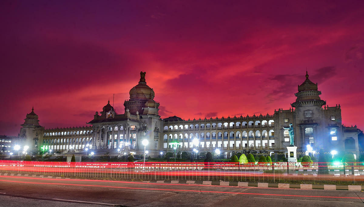 Bengaluru: Vidhana Soudha building seen in twilight in Bengaluru. Credit: PTI Photo