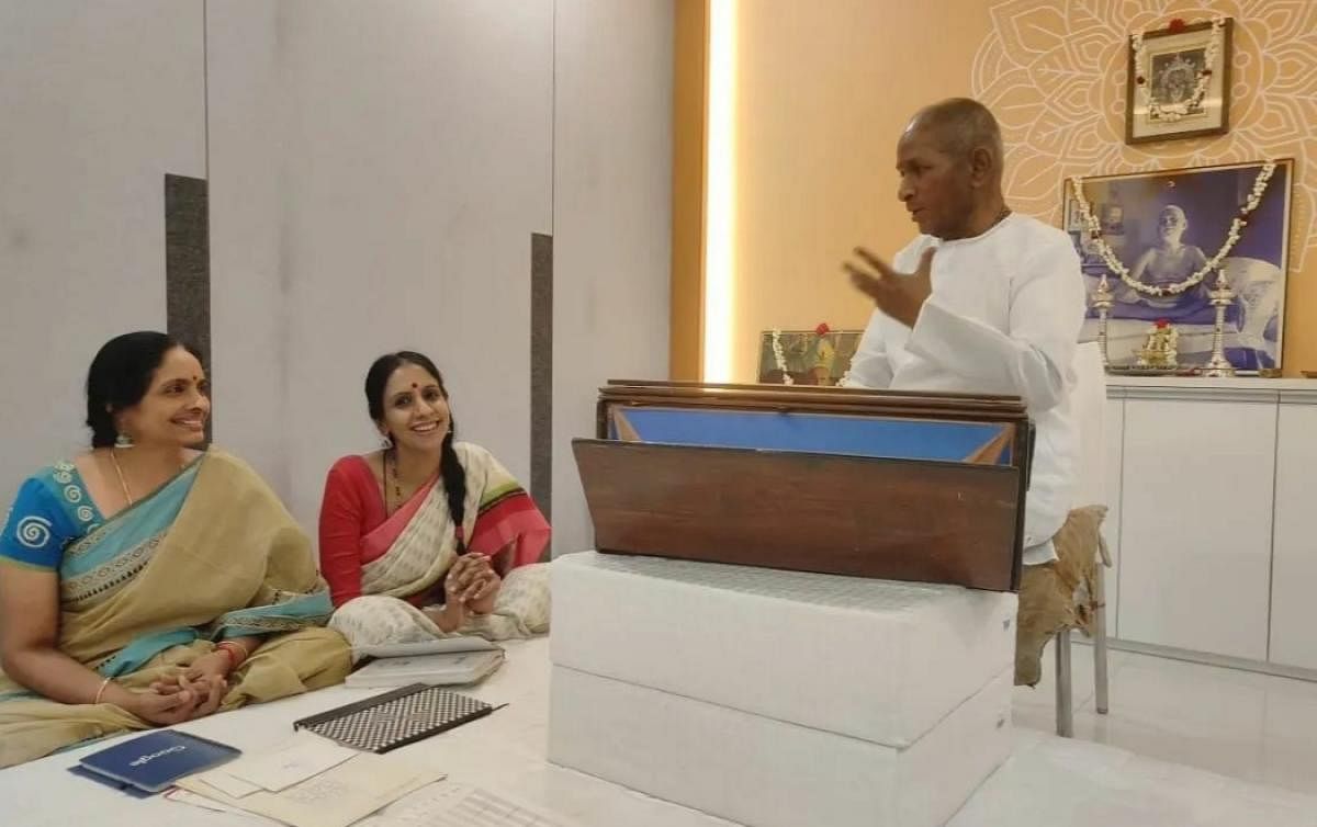 Ranjani-Gayatri with music maestro Ilaiyaraaja during a discussion ahead of the concert in Chennai. RANJANI-GAYATRI/INSTAGRAM