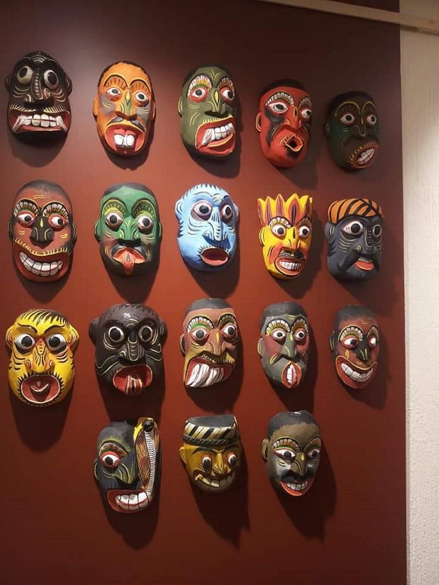Masks on display at Aditi Art Gallery in Udupi.
