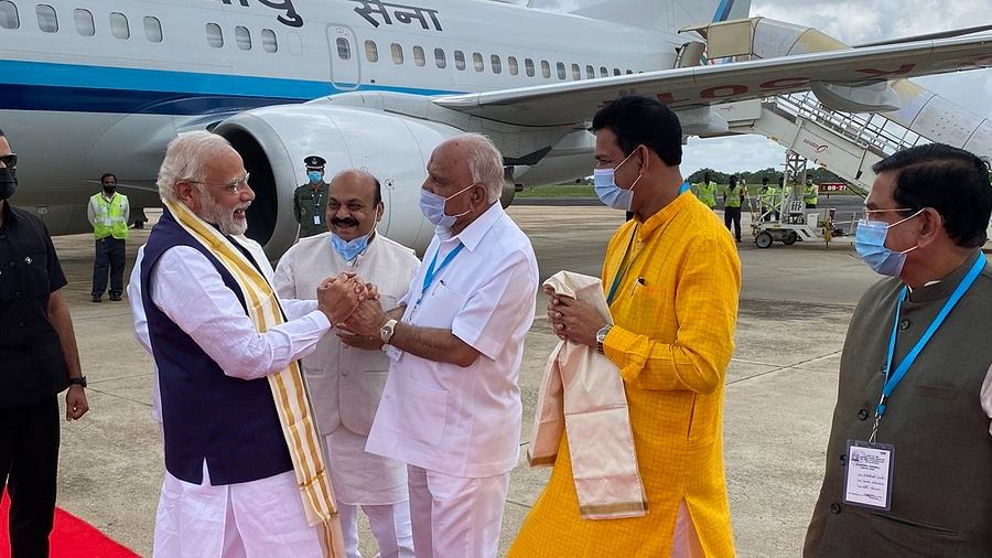 The Prime Minister landed in Bengaluru and was received by Governor Thawar Chand Gehlot, Chief Minister Basavaraj Bommai and others. Credit: Twitter/@PMOIndia