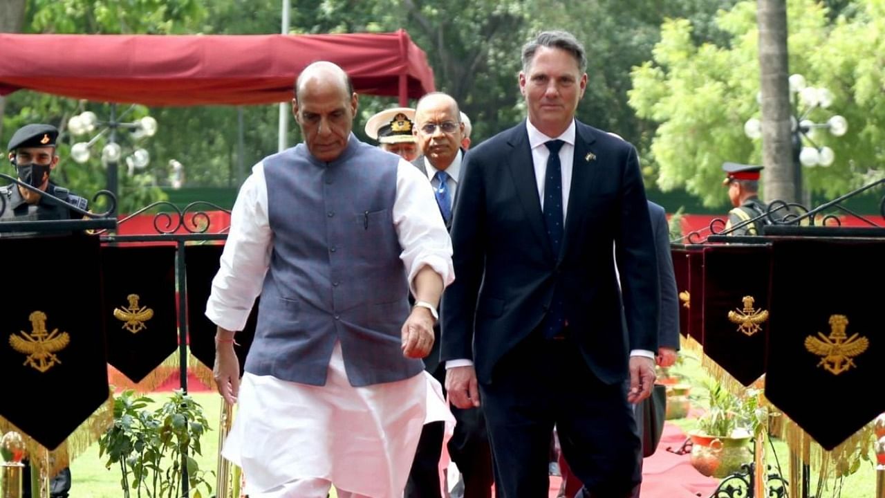Union Minister for Defence Rajnath Singh receives the Australian Deputy Prime Minister and Defence Minister Richard Marles ahead of the bilateral talks, in New Delhi. Credit: IANS Photo
