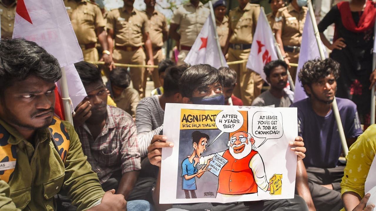 Students' Federation of India (SFI) activists during a protest against Centre's Agnipath scheme, at Central Railway station, in Chennai. Credit: PTI Photo