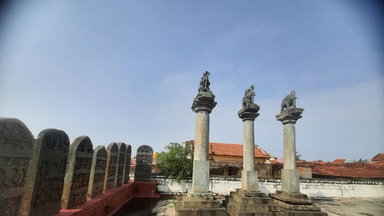 A view of the pillars with inscriptions in Agrahara Bachahalli village, Mandya district. Photo by author