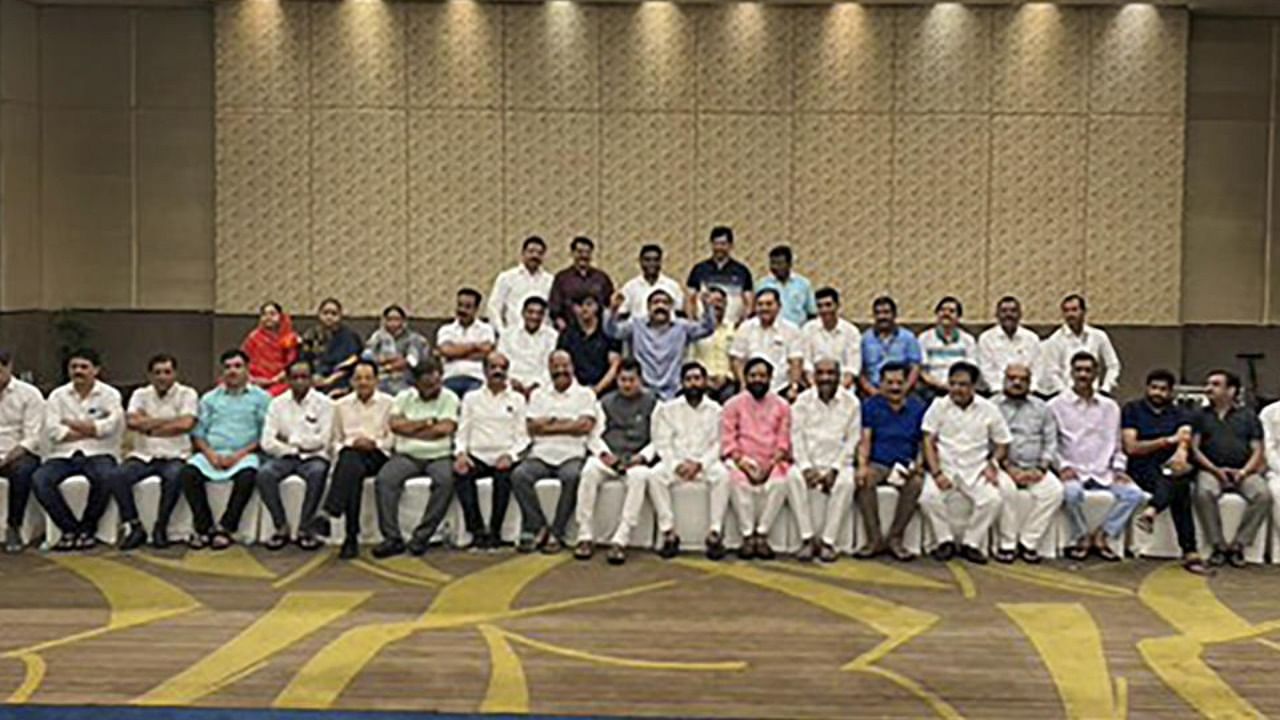 Rebel Shiv Sena MLA Eknath Shinde with 42 other MLAs at a hotel, in Guwahati, Thursday, June 23, 2022. Credit: PTI Photo