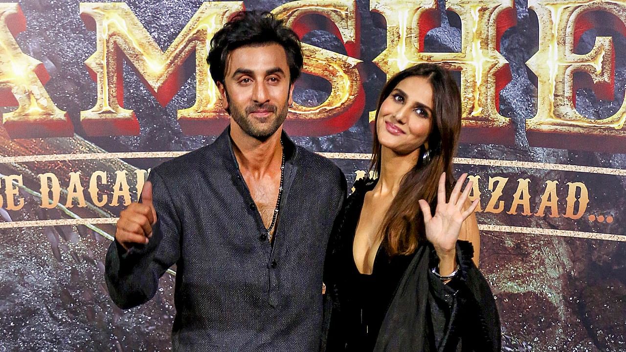 Bollywood actors Ranbir Kapoor and Vaani Kapoor pose for pictures during the trailer launch of their upcoming film ‘Shamshera’. Credit: PTI Photo
