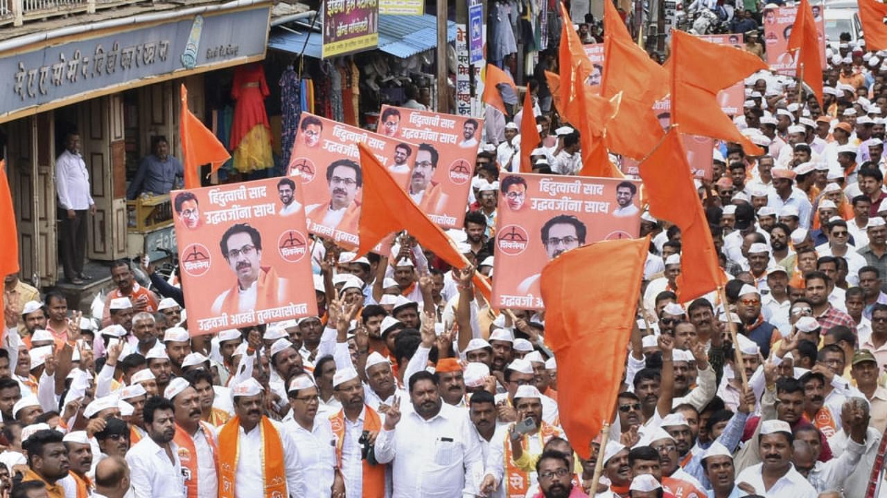 Shiv Sena workers take part in a protest rally against rebel Shiv Sena leader Eknath Shinde, in Kolhapur, Maharashtra, Friday, June 24, 2022. Credit: PTI Photo