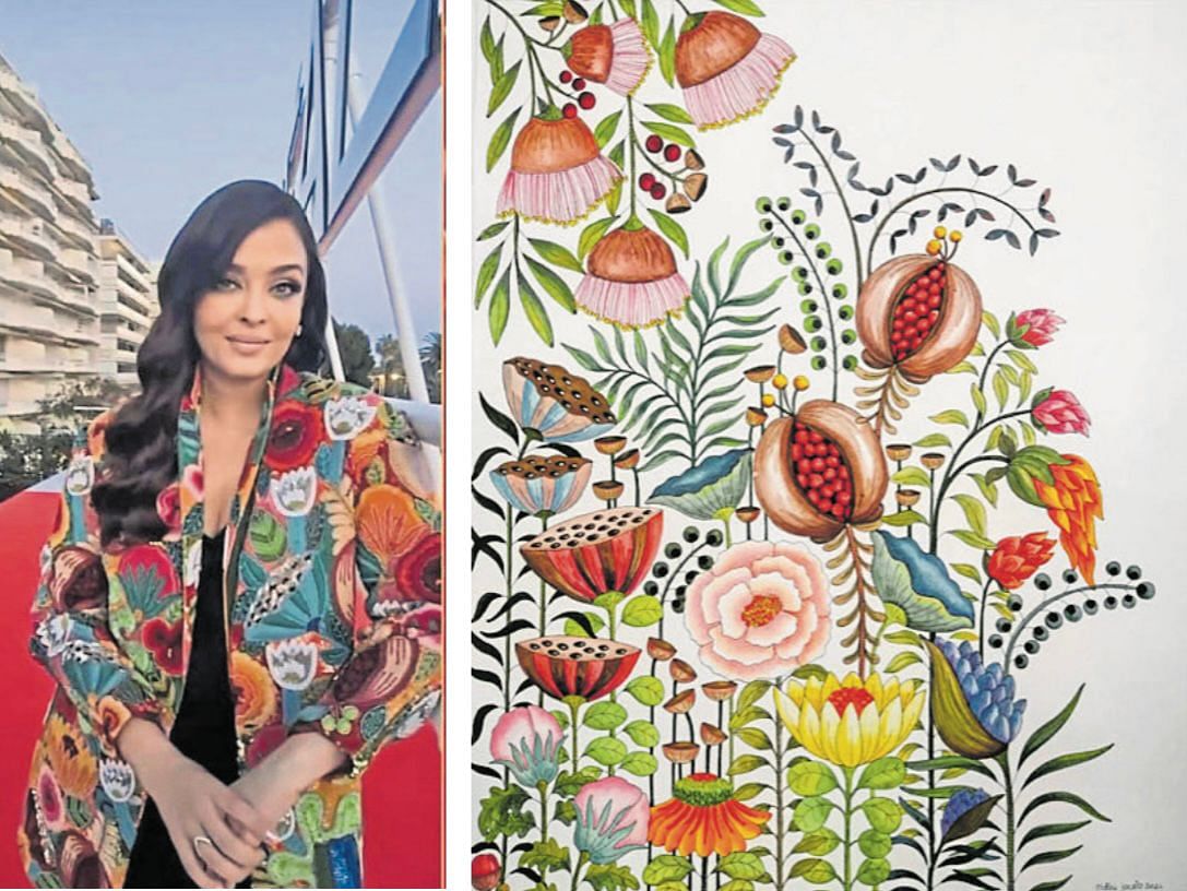 Nidhi Mariam Jacob alleges this Bobo Calcutta blazer worn by Aishwarya Rai Bachchan at Cannes has four elements from her painting series ‘Fantasy Garden’ (right). SCREENGRAB ON LEFT/BOBO CALCUTTA/INSTAGRAM.