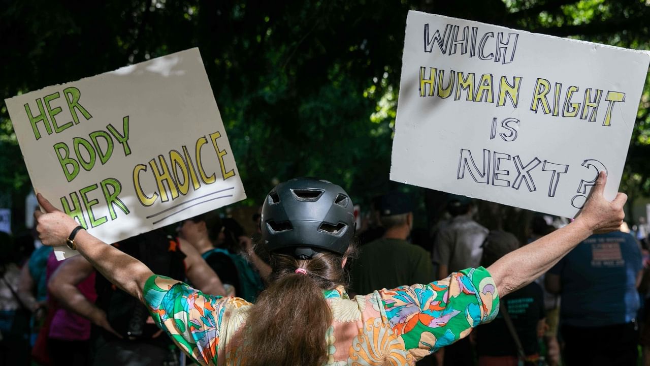 A sign reads "Which Human Right is Next?" as abortion rights activists protest after the US Supreme Court struck down Roe Vs. Wade, overturning the right to abortion, in Portland, Oregon, on June 24, 2022. Credit: AFP Photo