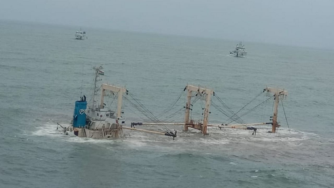 Indian Coast Guard ships monitor the grounded merchant vessel M V Princess Miral. Credit: Special Arrangement