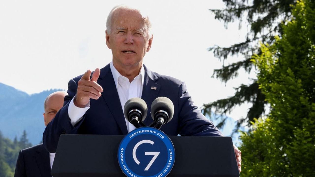 US President Joe Biden addresses a press conference with other G7 and EU leaders during the G7 Summit at Elmau Castle, southern Germany. Credit: AFP Photo