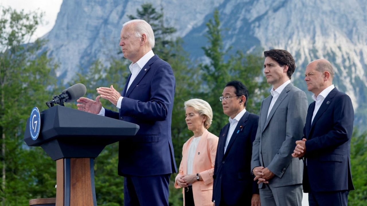US President Joe Biden speaks next to European Commission President Ursula von der Leyen, Japanese Prime Minister Fumio Kishida, Canadian Prime Minister Justin Trudeau and German Chancellor Olaf Scholz during the first day of the G7 leaders' summit. Credit: Reuters photo