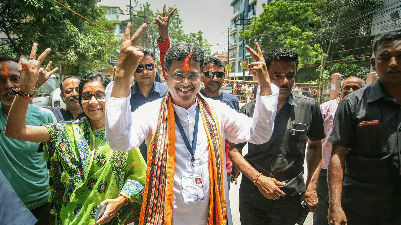 Tripura Chief Minister Manik Saha flashes victory sign after his lead during the counting of votes of the Tripura Assembly bypolls. Credit: PTI Photo