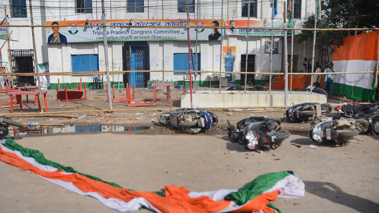 Damaged vehicles after alleged violence on the result day of Tripura Assembly by-elections, outside Tripura Pradesh Congress Committe office. Credit: PTI Photo