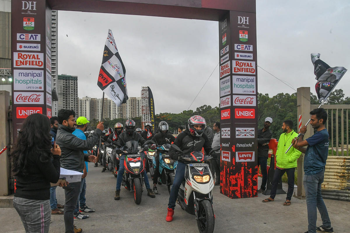 Enthusiasts take off on their bikes for the rally as part of World Motorcycle Day organised by Deccan Herald, Associations of Biking Community (ABC) India in association with IOCL, Ceat and Suzuki at Lulu Global Mall in Bengaluru on Sunday. DH Photos/ S K