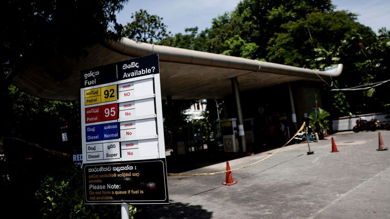 A closed Ceylon Petroleum Corporation fuel station displays the availability of all fuel types on a board due to fuel shortage, amid the country's economic crisis, in Colombo, Sri Lanka, June 27, 2022. Credit: Reuters Photo
