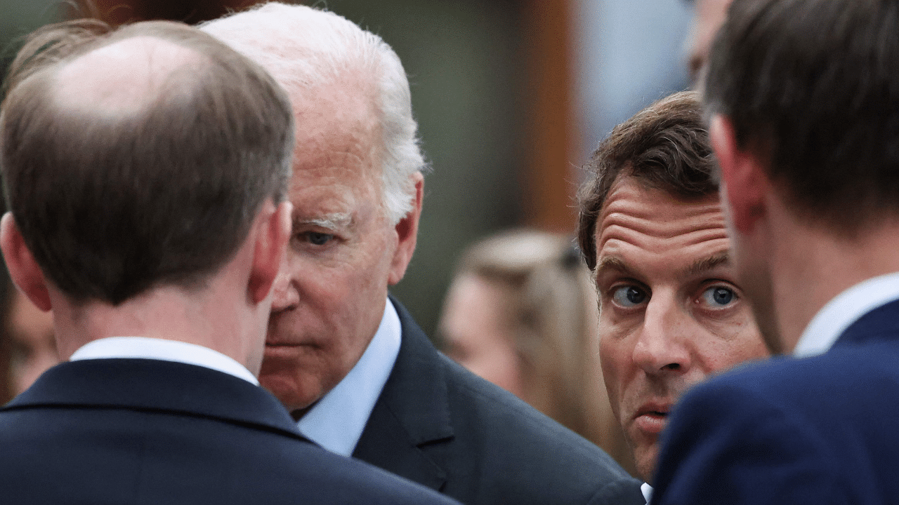 US President Joe Biden (L) and French President Emmanuel Macron attend the G7 Summit. Credit: AFP Photo