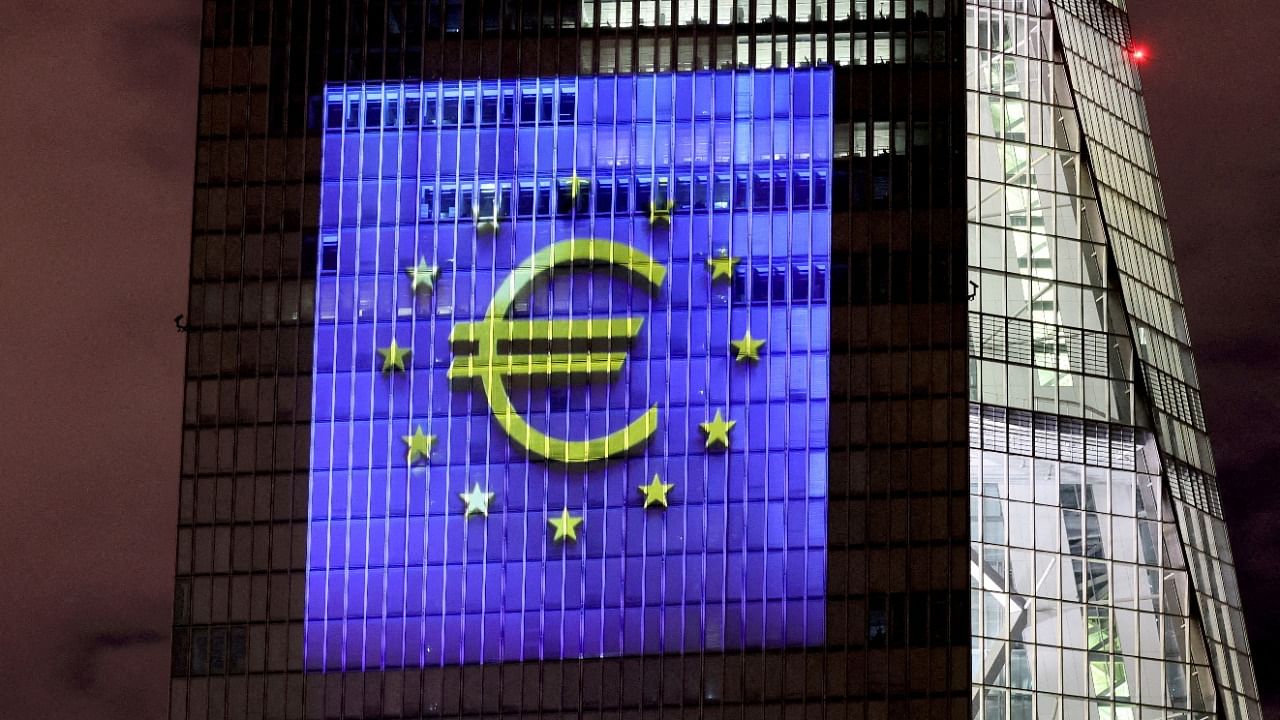  A symphony of light consisting of bars, lines and circles in blue and yellow, the colours of the European Union. Credit: Reuters Photo